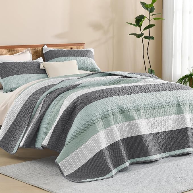 Litanika Quilt Queen Size Sage Green, Stripe Patchwork Summer Bedspread by Litanika