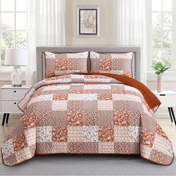 Mybedsoul Burnt Orange Quilt Set Queen Size, 3 Pieces Boho Plaid Terracotta by Mybedsoul