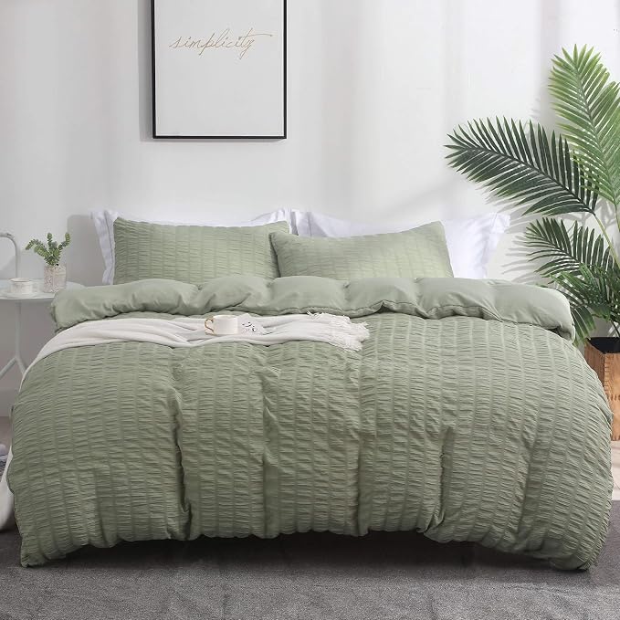 AveLom Green Duvet Cover King, 3 Pieces, Seersucker Tripe Soft Washed by AveLom