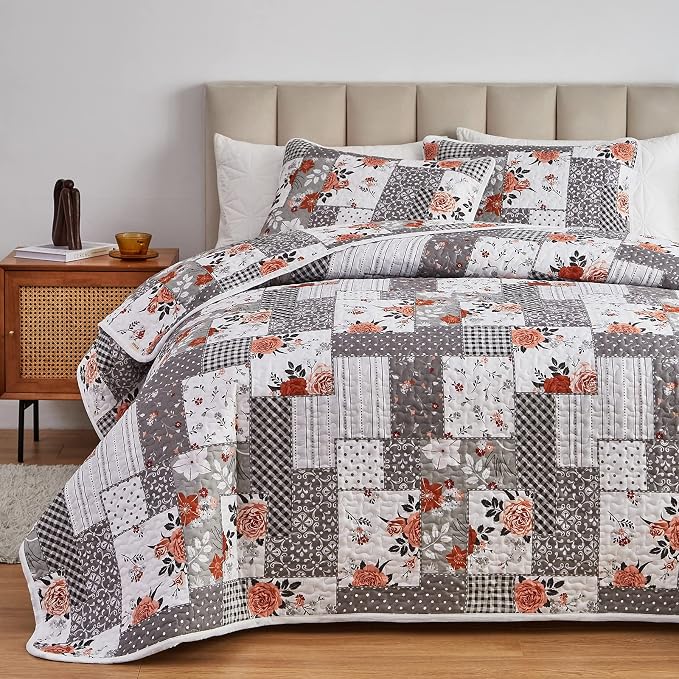Patchwork Quilt Set Full/Queen Size, 3 Pieces Grey Floral Plaid Summer - Image 3