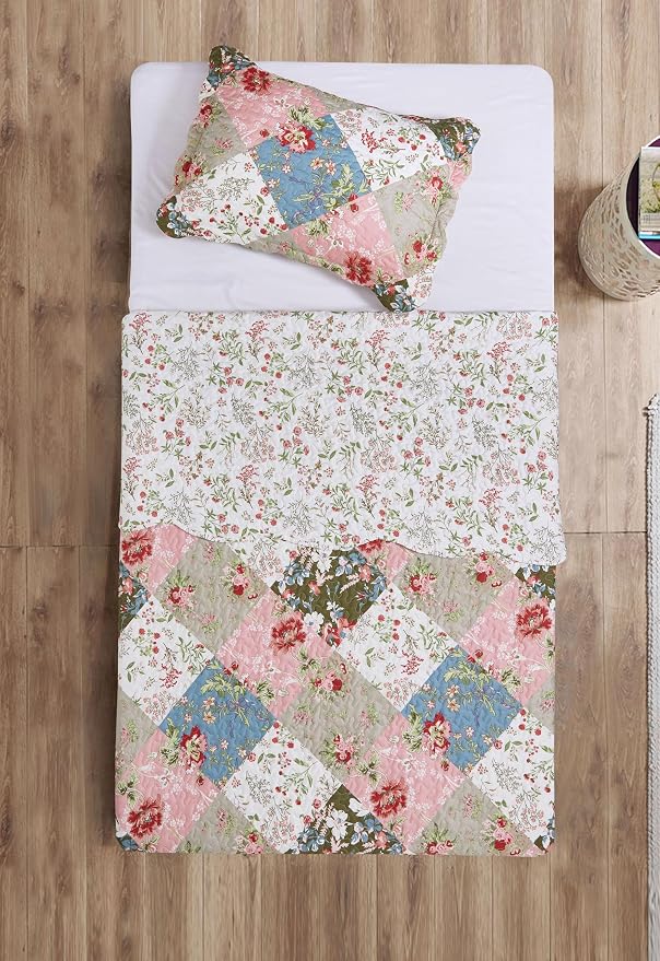 Brilliant Sunshine Peach and Olive Flowers Patchwork, 2-Piece Quilt Set - Image 6