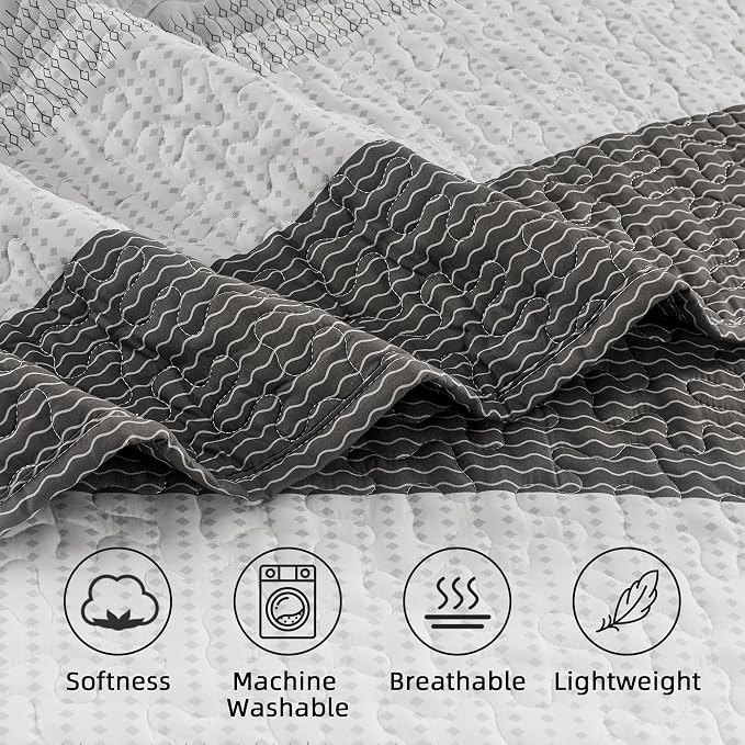 Andency Queen Quilt Bedding Set Dark Grey, 3 Pieces Patchwork Summer Striped - Image 5