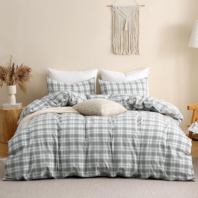 TOCOMOA Plaid Duvet Cover Set 100% Washed Cotton Like Linen Feel Super Soft - Image 3
