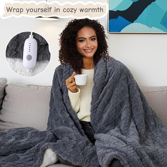 Electric Heated Blanket Throw Size 50"x60", Ultra Soft Sherpa Fleece, 5 Heat - Image 3