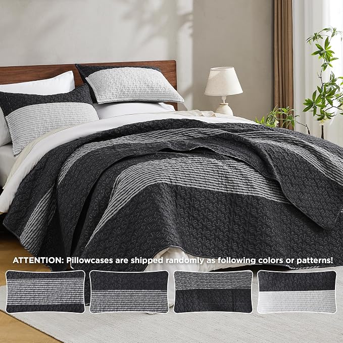 Andency Queen Quilt Set Black and White, 3 Pieces Grey Striped Ultra Soft - Image 7