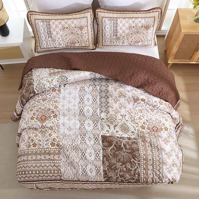 WONGS BEDDING Brown Quilt Set King Size, Boho Floral Pattern Bedspread Coverlet - Image 4