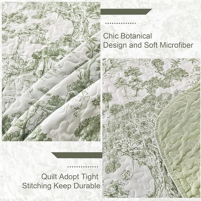 WONGS BEDDING Botanical Quilt Set Twin Size, Sage Green 3 Pieces Toile Floral - Image 5