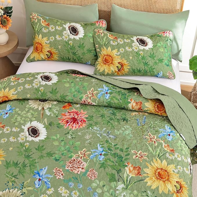 Yiran Floral Quilts Queen Size, 3 Pieces Spring Summer Sunflower Soft - Image 3