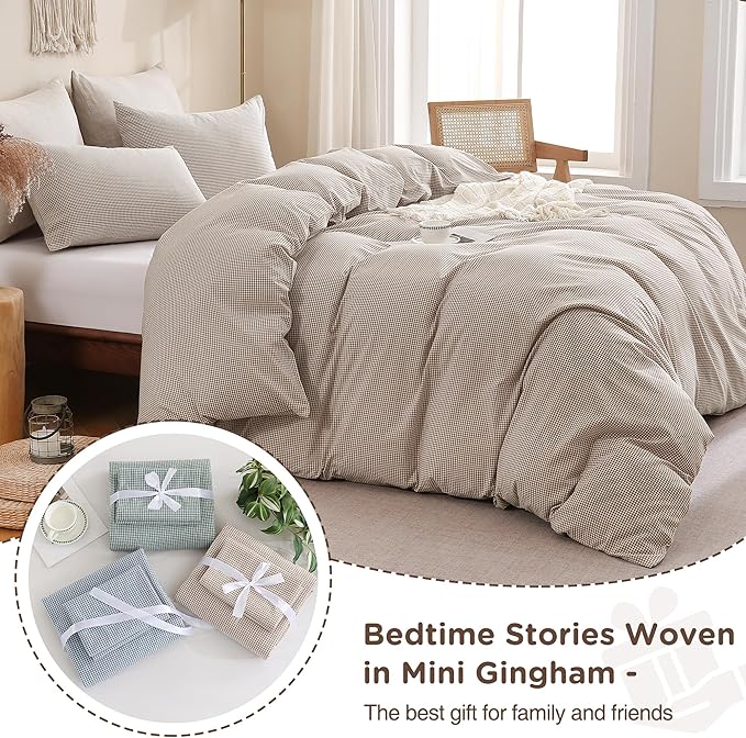 TOCOMOA Mini Gingham Tan Duvet Cover Bedding Set 100% Washed Cotton Like Linen - Image 7