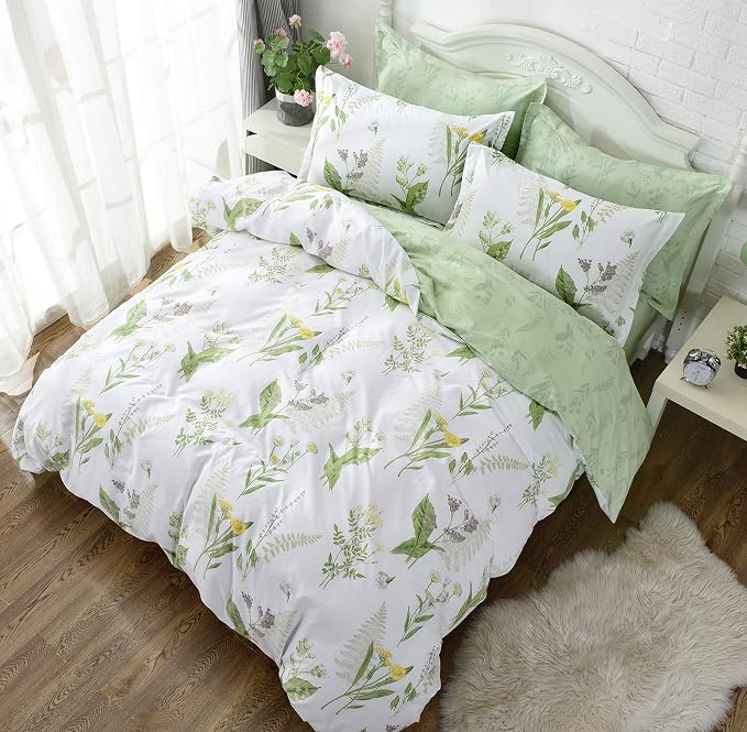 FADFAY Duvet Cover Set Queen Shabby Green Daisy and Lavender Flowers 100% Cotton - Image 2