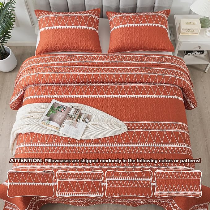 Andency Terracotta King Size Quilt Set, 3 Pieces Boho Lightweight Soft Striped - Image 6