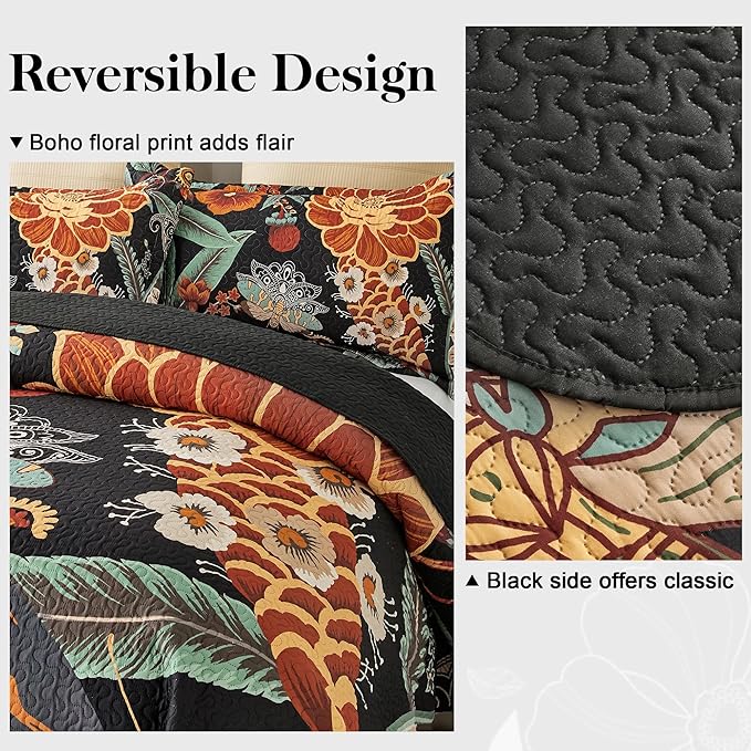 Tyrot 3 Piece Black Boho Floral King Size Quilt Sets Reversible Farmhouse - Image 3