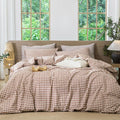 MooMee Gingham Duvet Cover Set 100% Washed Cotton Linen Like Textured by MOOMEE