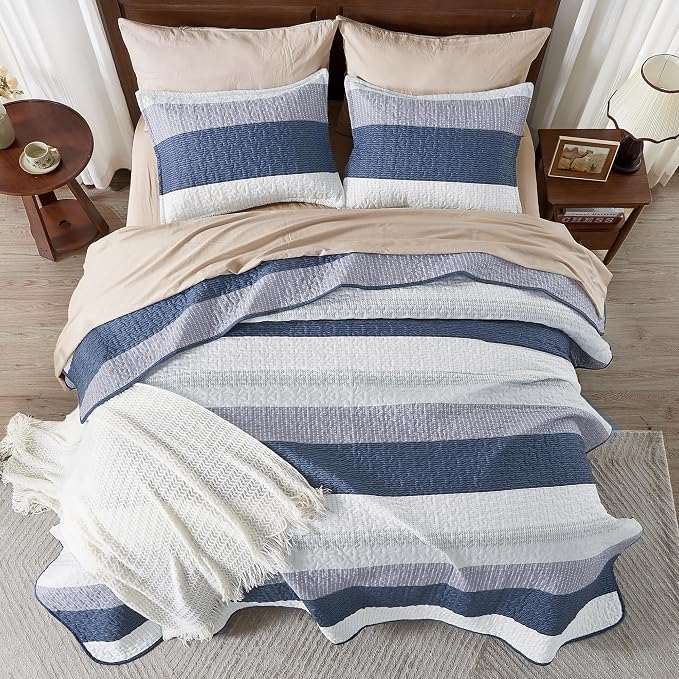 Andency Oversized King Quilt Bedding Set, 120x98Inch Mineral Blue Stripe - Image 6