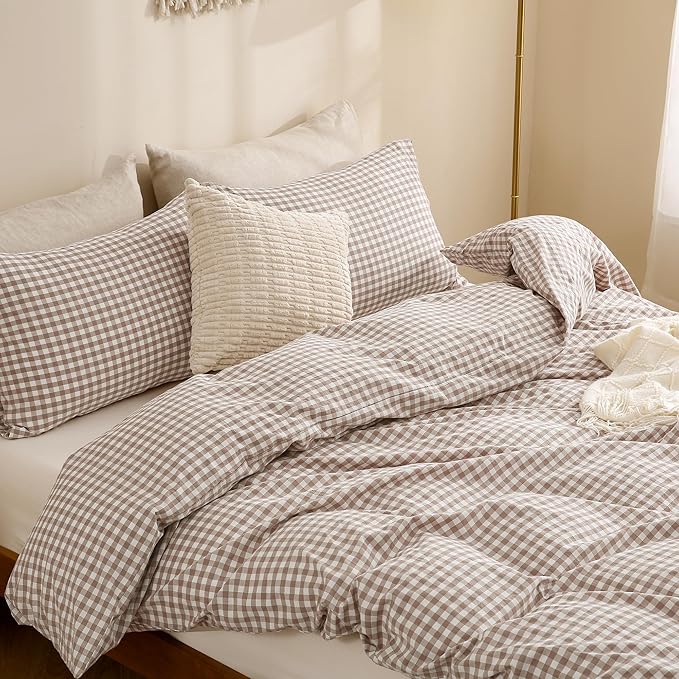 TOCOMOA Tan Gingham Duvet Cover Bedding Set 100% Washed Cotton Like Linen Feel - Image 4