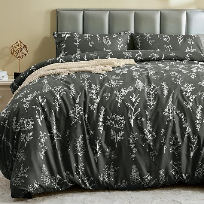 MUXHOMO Duvet Cover Full Size, Reversible Floral Dark Grey Duvet Cover Set by MUXHOMO