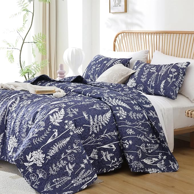 JANZAA Quilts Queen Size Navy Blue Floral Queen Quilt Bedding Set Microfiber - Image 5