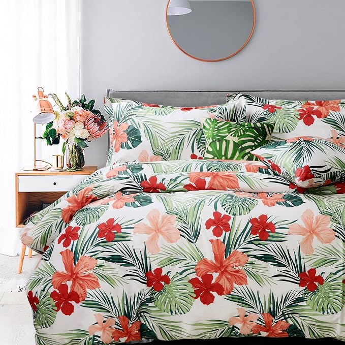 FADFAY Tropical Red Hibiscus Palm Leaves Duvet Cover Set Super Soft Summer by CottonWorldSweetDream