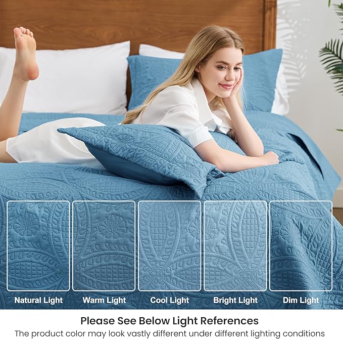 Love's cabin California King Size Quilt Bedding Set Misty Blue Bedspreads - Image 6