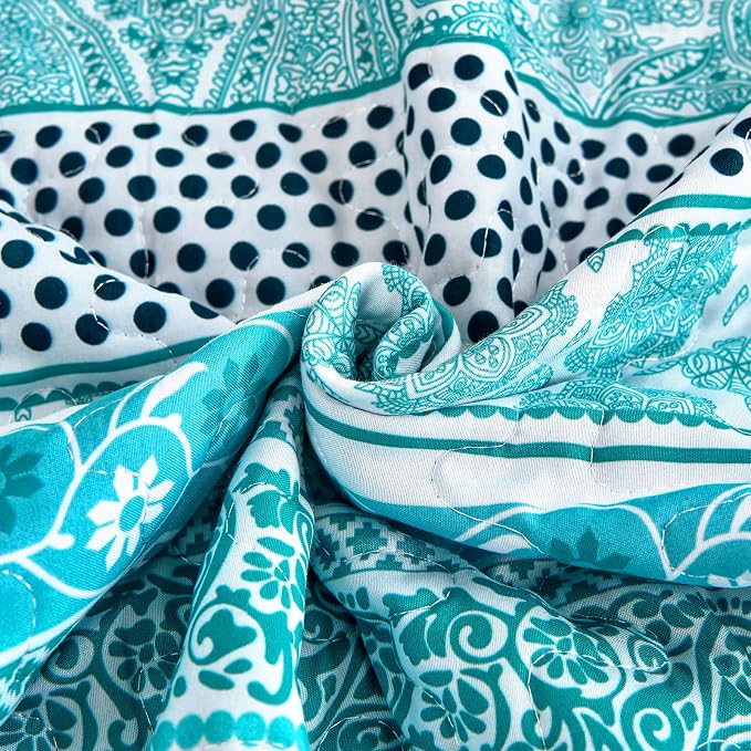 WONGS BEDDING Boho Quilt Set Queen Size, Teal 3 Pieces Bohemian Striped - Image 8