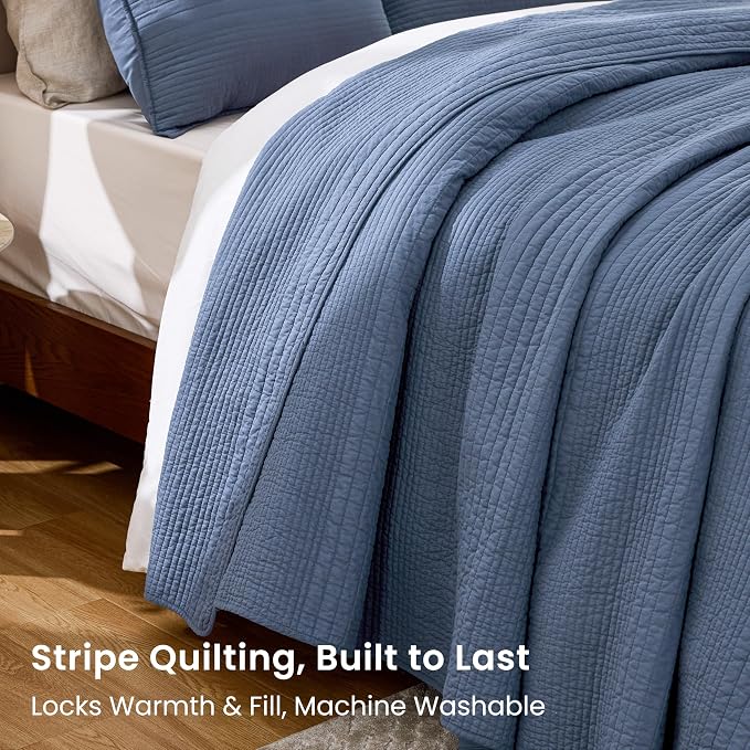Love's cabin King Size Cotton Quilt Set, 100% Cotton Fabric Striped Textured - Image 3