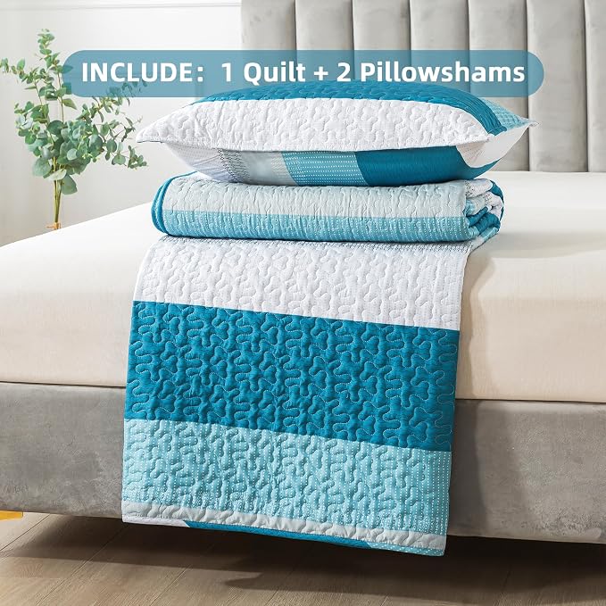 Andency Teal and White Striped Quilt Set Cal King, 3 Pieces Patchwork Bedspread - Image 7