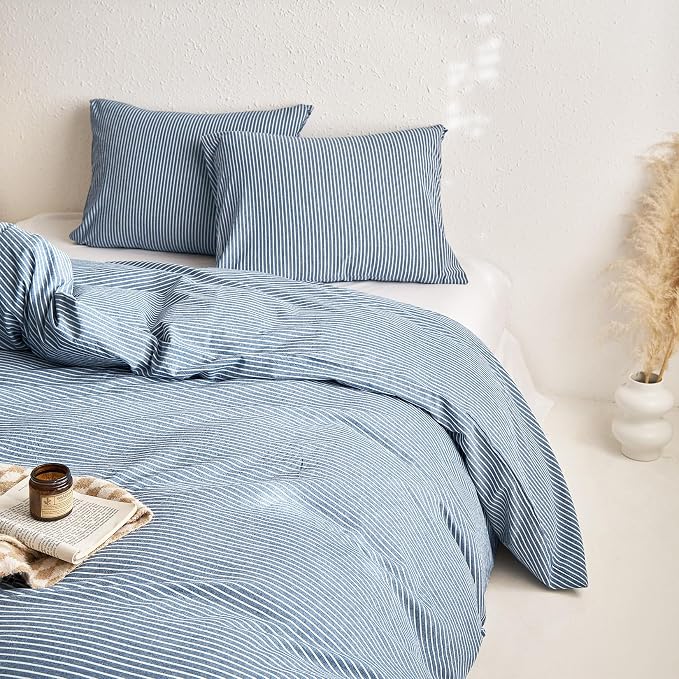 Wake In Cloud - Striped Cotton Duvet Cover Set, 100% Washed Cotton Textured - Image 4