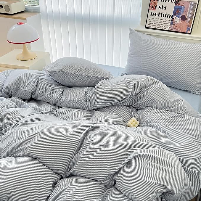 mixinni Striped Duvet Cover Set- 100% Washed Cotton Blue Comforter Cover - Image 5