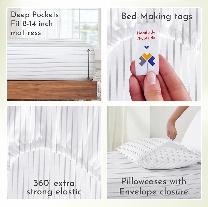 California Design Den Stripe Sheets Queen Size, 100% Cotton Sateen Printed - Image 7