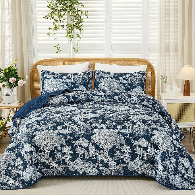 WONGS BEDDING Quilt Set King Size, 3 Pieces Navy Blue Botanical Floral Printed - Image 2