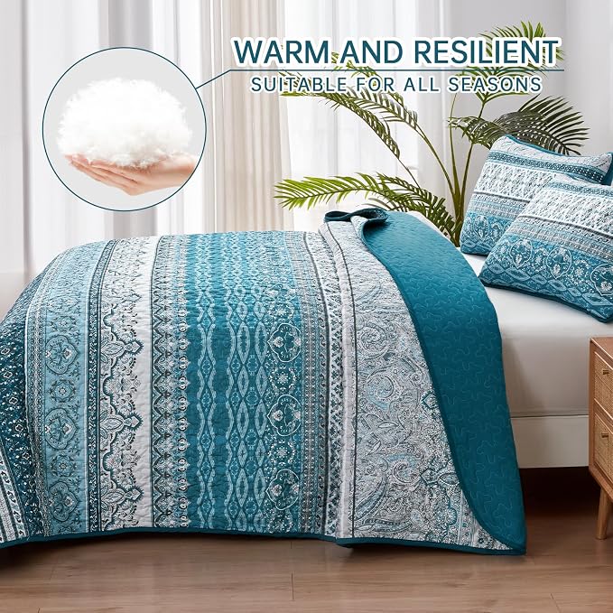 WONGS BEDDING Boho Quilt Set Full, Teal Blue Bohemian Quilt Bedding Set - Image 3