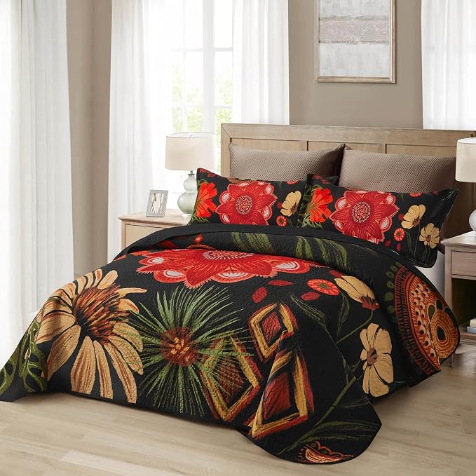 Tyrot 2 Piece Black Red Boho Floral Quilt Sets Twin Size Farmhouse Reversible - Image 2