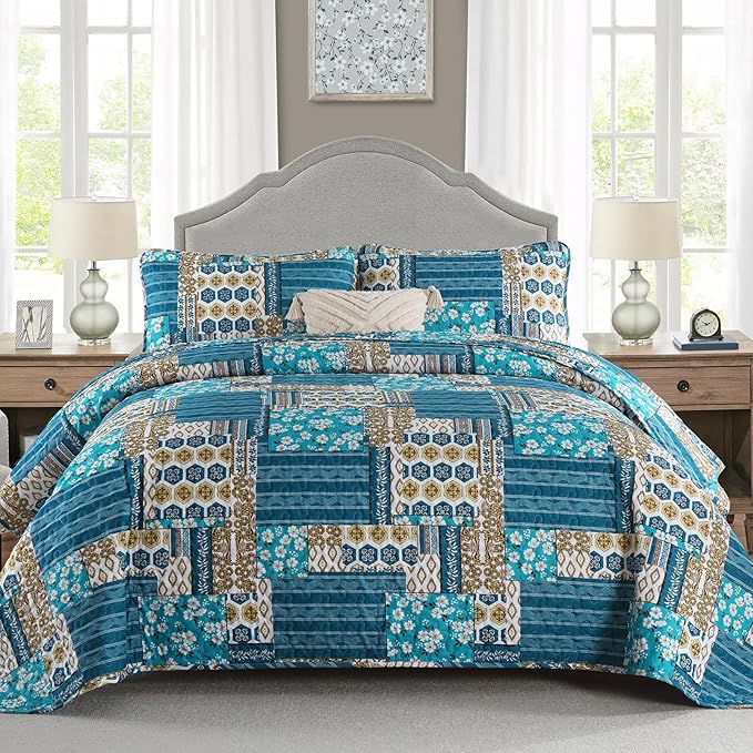 Mybedsoul Dusty Blue Quilt Set Queen Size, 3 Pieces Plaid Floral Bedspread Set by Mybedsoul