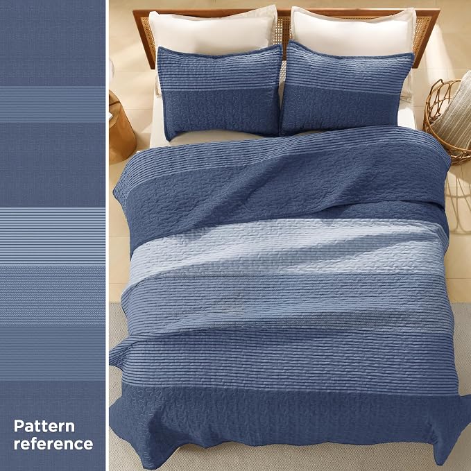 Litanika Oversized King Quilt Set Sapphire Blue, 120x120 Stripe Bedspread - Image 3