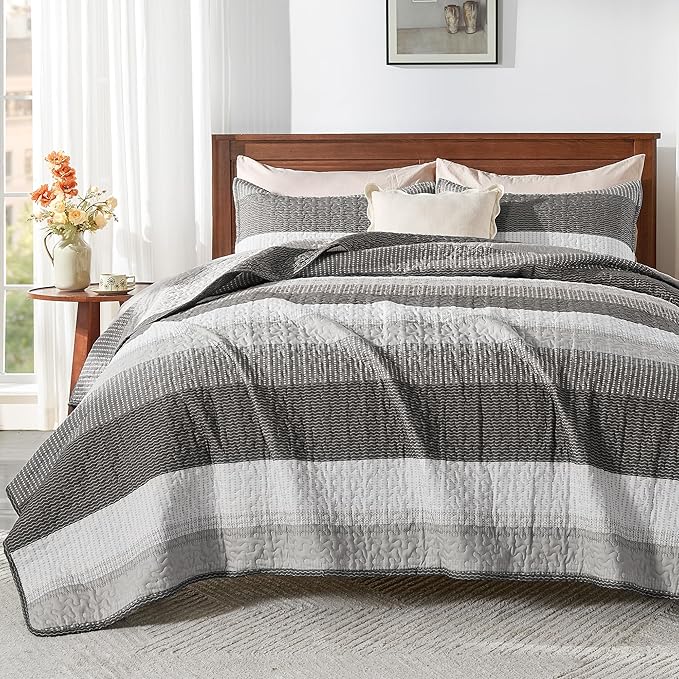 Andency Oversized King Quilt Bedding Set, 120x98Inch Dark Grey Stripe Super by Andency