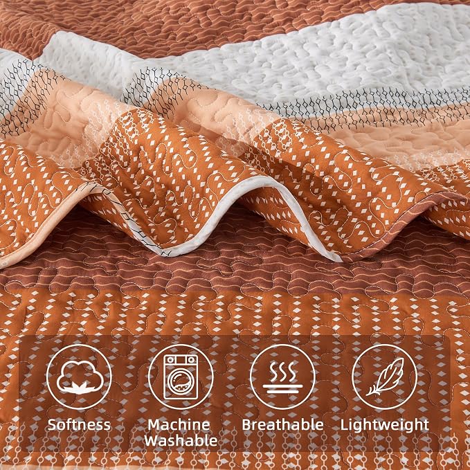 Andency Orange Quilt King, 3 Pieces Patchwork Striped Bedspread Coverlet Set - Image 5