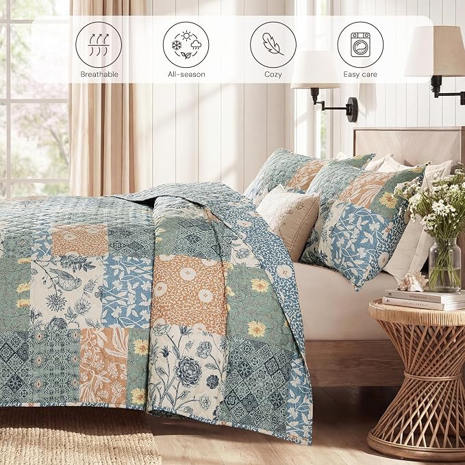 BLOOMHAVEN Quilt Set Twin Size, Patchwork Green Floral Quilt Sets, Reversible - Image 4