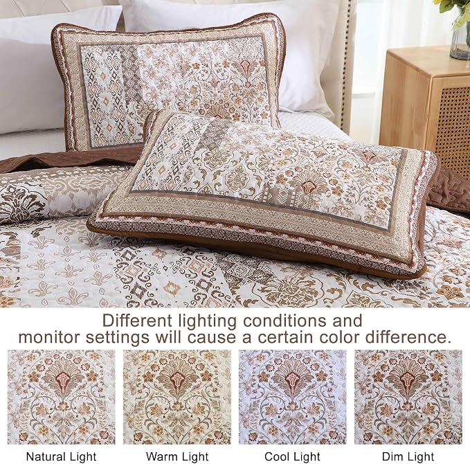 WONGS BEDDING Brown Quilt Set Queen Size, Bobo Floral Bedspread Coverlet Set - Image 5