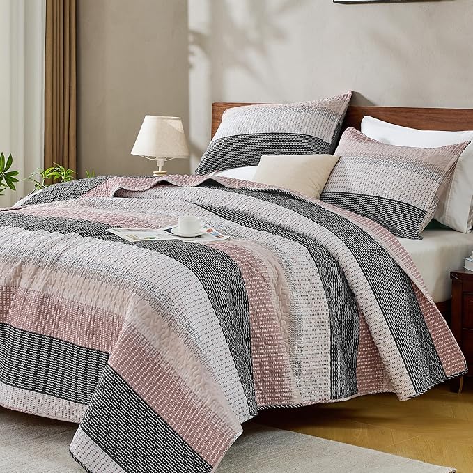 Andency California King Quilt Set Grey Pink, 3 Pieces Ultra Soft Lightweight by Andency