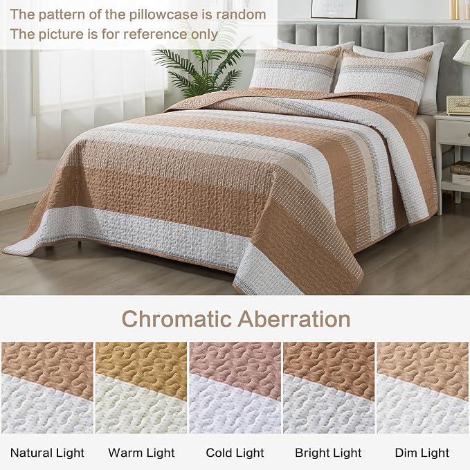Andency Taupe Striped Quilt Queen, 3 Pieces Patchwork Bedspread Coverlet Set - Image 8