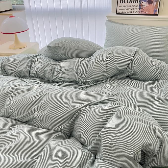 mixinni Green Striped Duvet Cover Twin Size - Image 3
