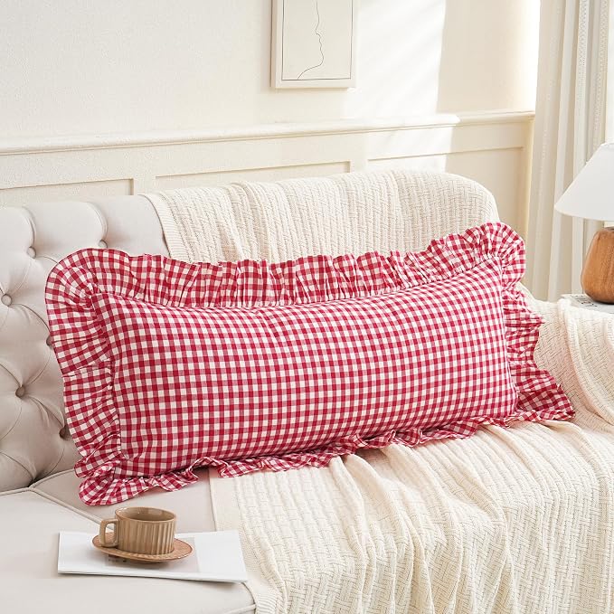 14x36 inches Red/White Plaid Ruffle Lumbar Gingham Pillow Sham 1 Piece - Image 3