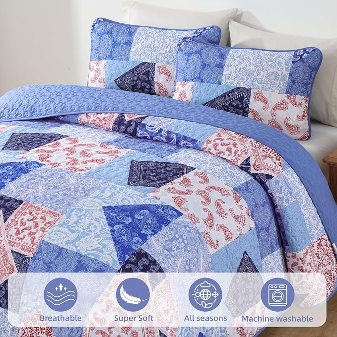 Mybedsoul Blue Patchwork Queen Size Quilt, Cozy Boho Floral Spring Bedspreads - Image 3