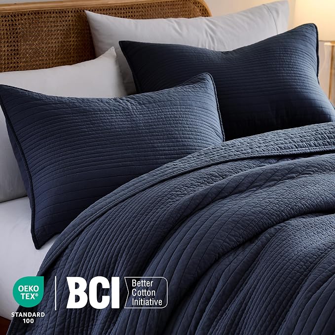 palassio Striped Navy Blue 100% Cotton Quilt King Size Bedding Sets, - Image 3