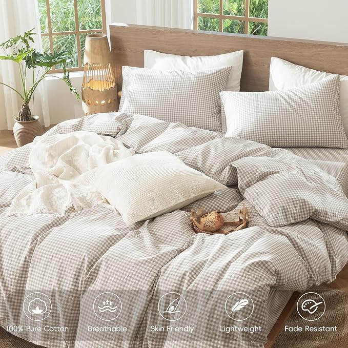 MooMee Gingham Duvet Cover Set 100% Washed Cotton Linen Like Textured - Image 4