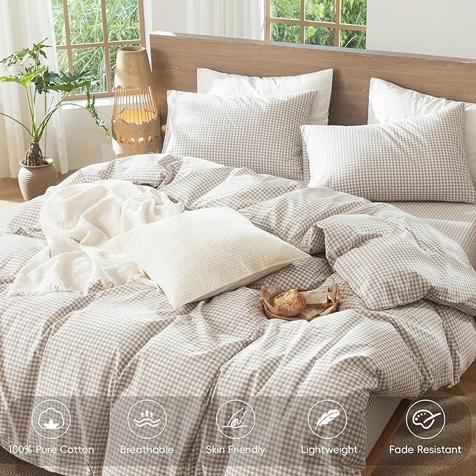 MooMee Gingham Duvet Cover Set 100% Washed Cotton Linen Like Textured - Image 4