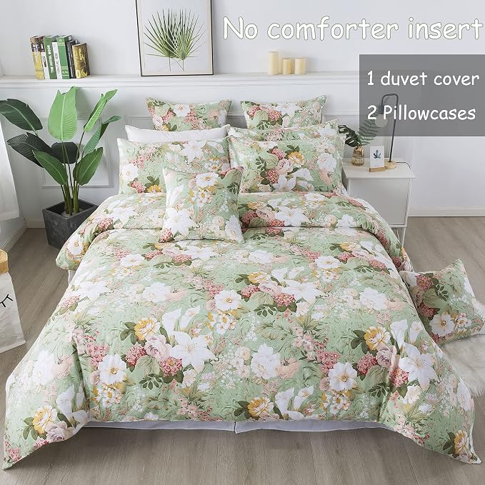 FADFAY Floral Duvet Cover Set Full 100% Cotton Girls Bedding 600 TC Mint Green - Image 2