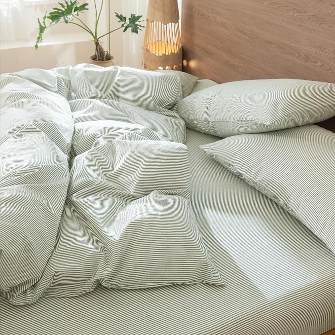 MooMee Striped Duvet Cover Set 100% Washed Cotton Linen Like Textured - Image 9