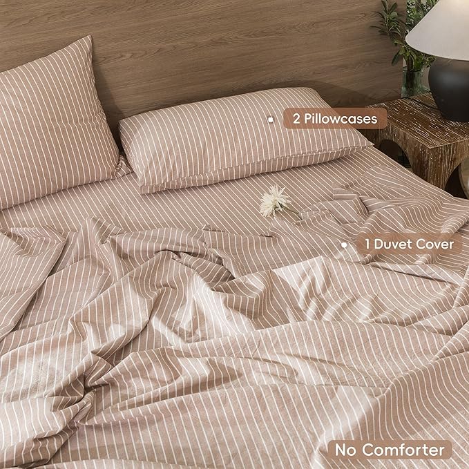 MooMee Striped Duvet Cover Set 100% Washed Cotton Linen Like Textured - Image 2
