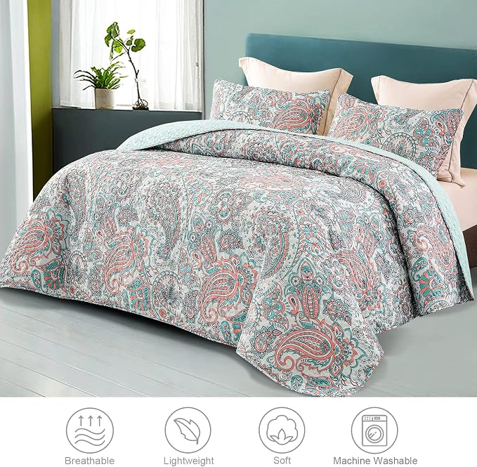 Exclusivo Mezcla Reversible Boho Quilts King Size, Aqua Bedspreads Lightweight - Image 2